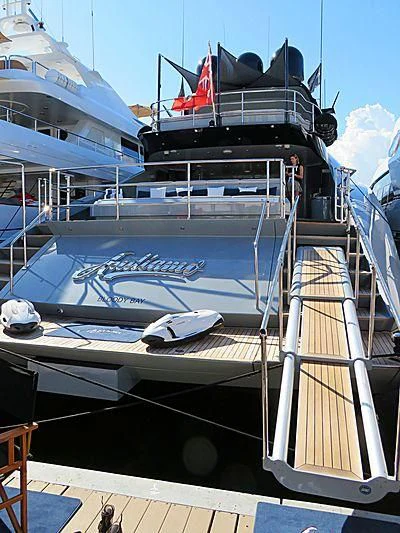 a boat docked at a pier aboard AQUANOVA Yacht for Sale