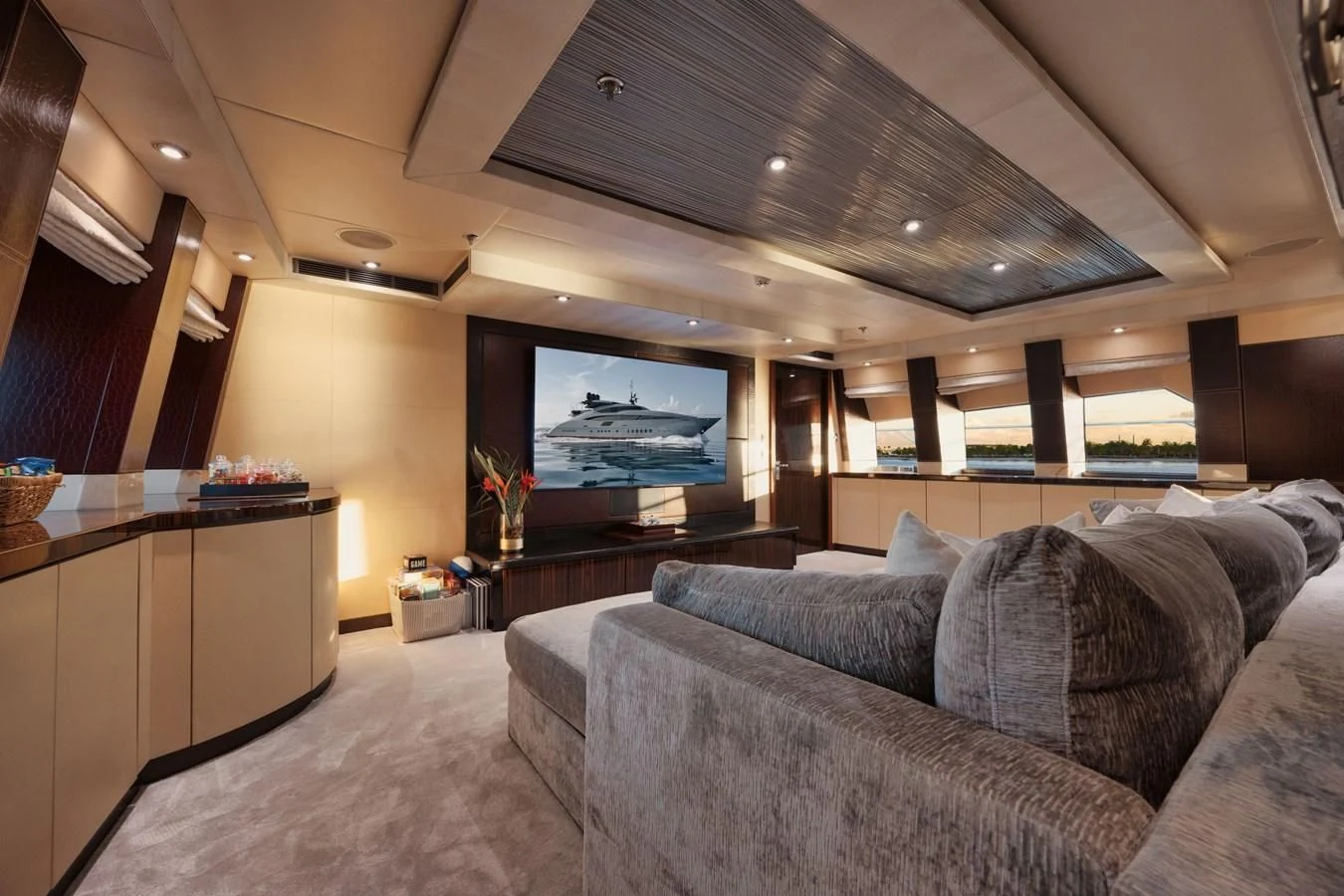 a living room with a couch aboard AQUANOVA Yacht for Sale