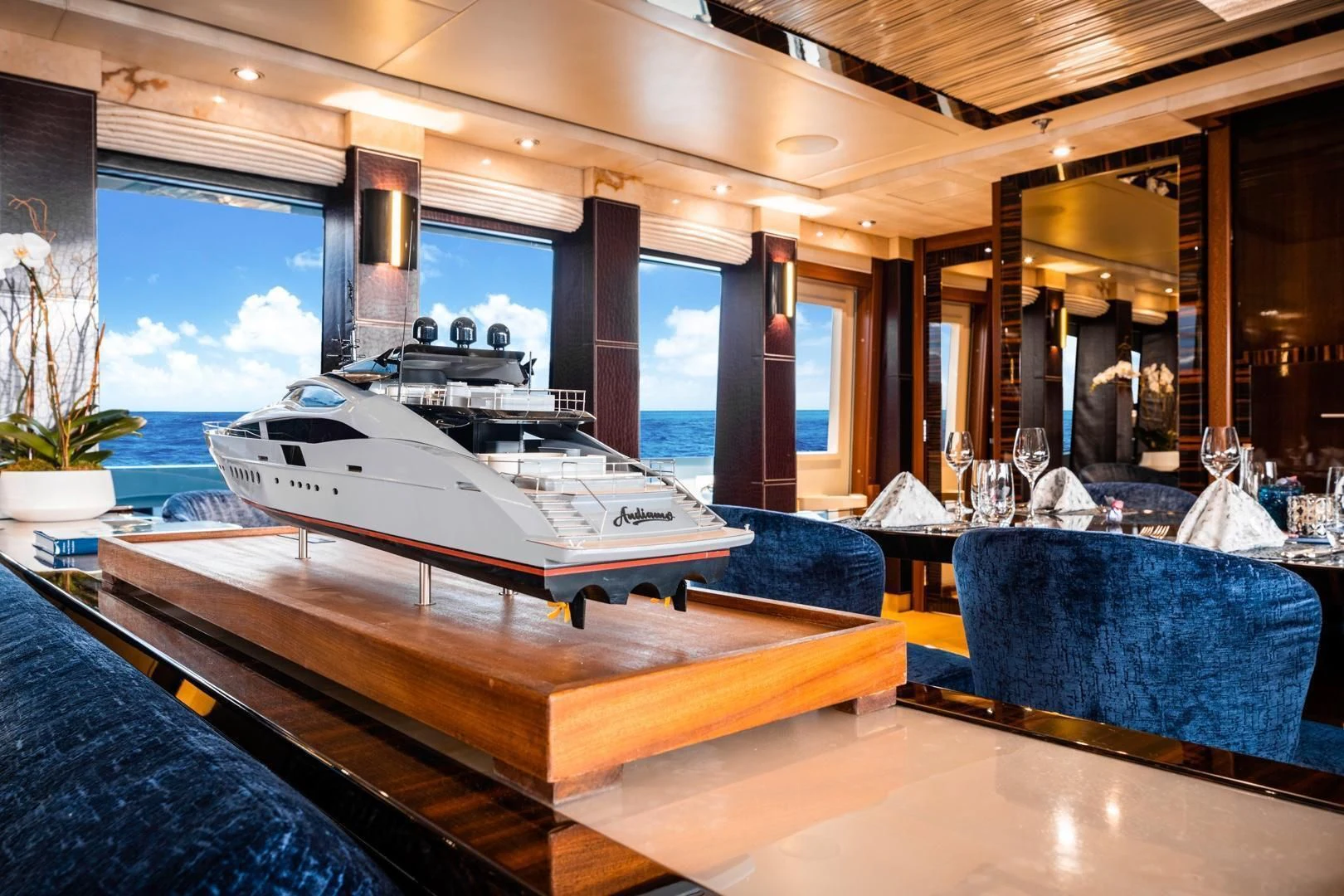 a large boat in a large room aboard AQUANOVA Yacht for Sale