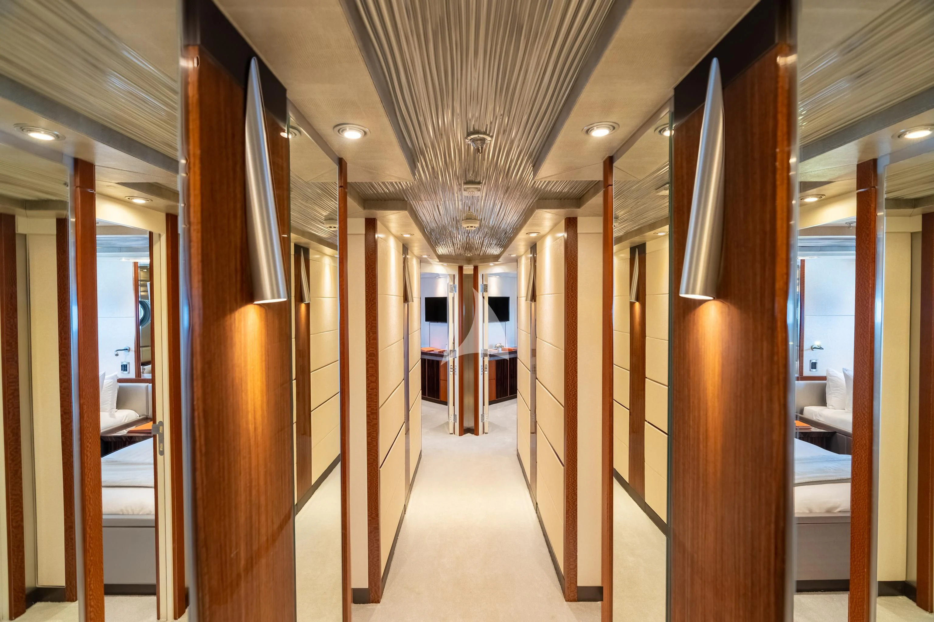 a hallway with doors aboard AQUANOVA Yacht for Sale