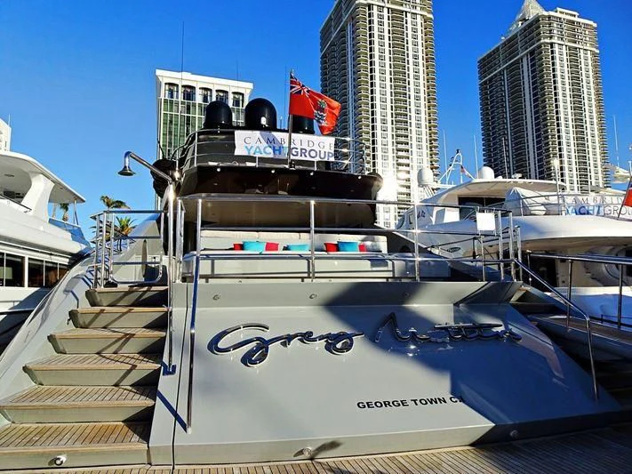 a boat with a sign on the front aboard AQUANOVA Yacht for Sale