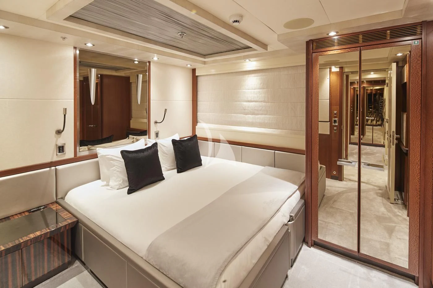 a bed in a room aboard AQUANOVA Yacht for Sale