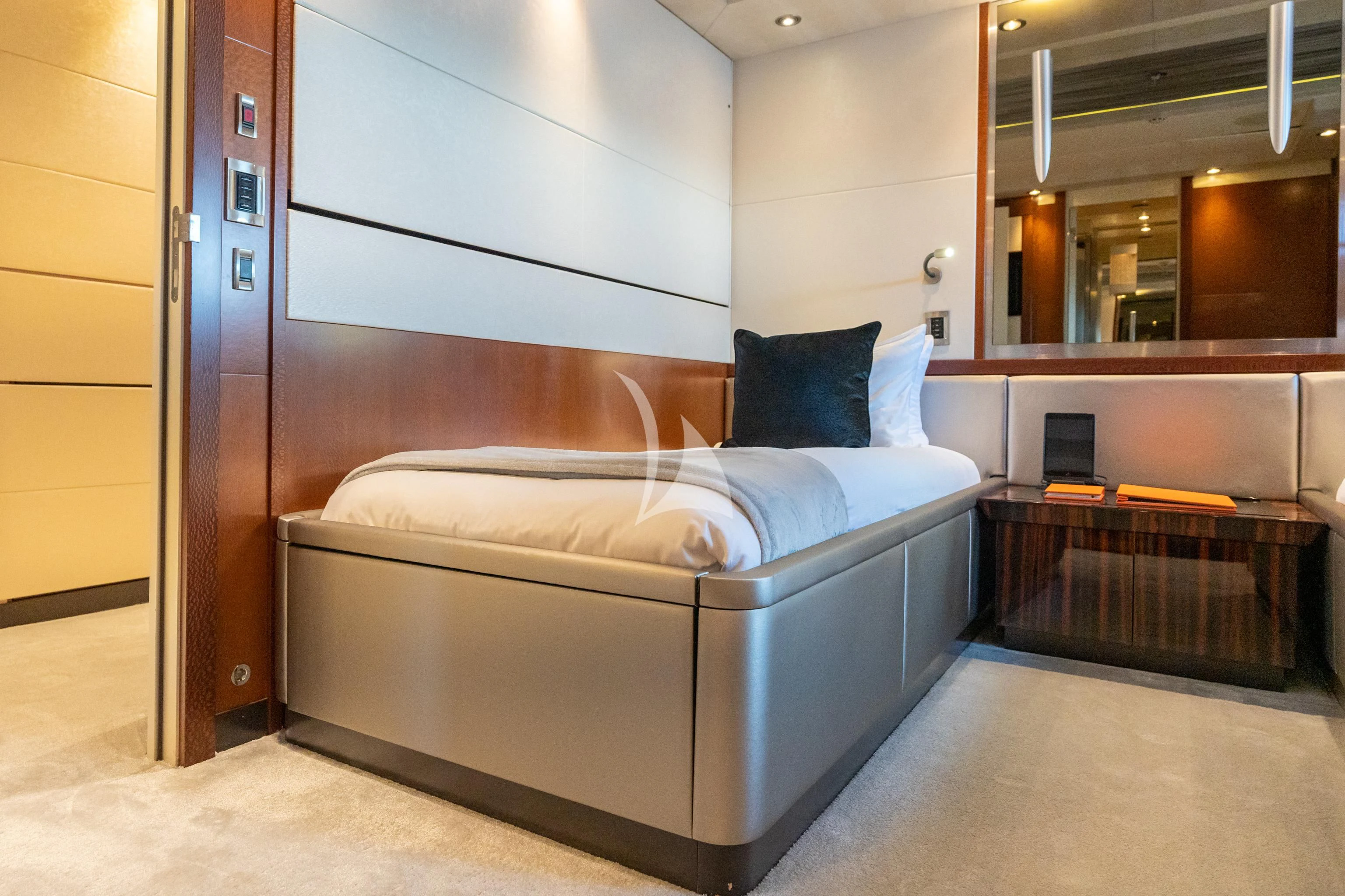 a bed in a room aboard AQUANOVA Yacht for Sale
