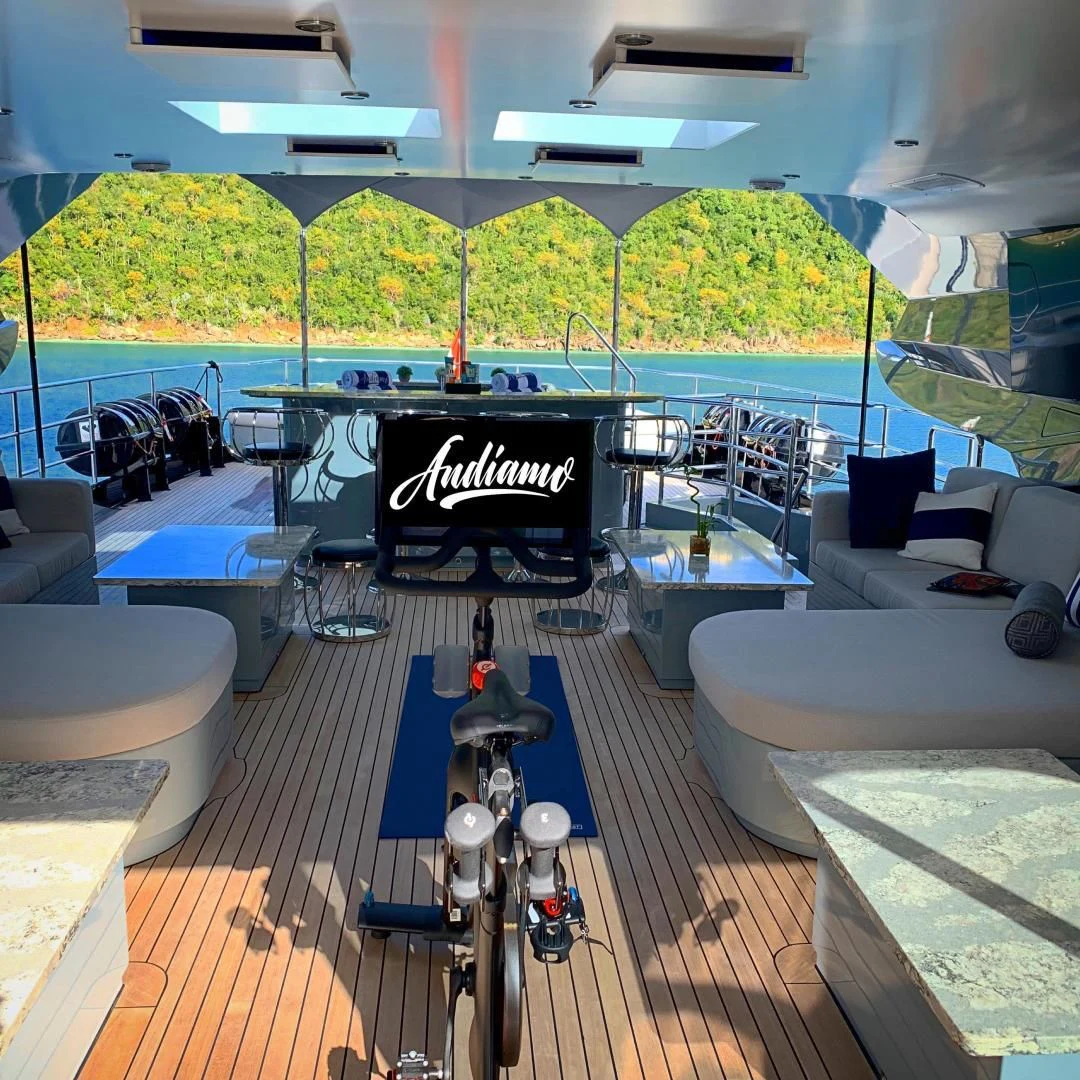 a pool with a large pool and a deck with trees and plants aboard AQUANOVA Yacht for Sale