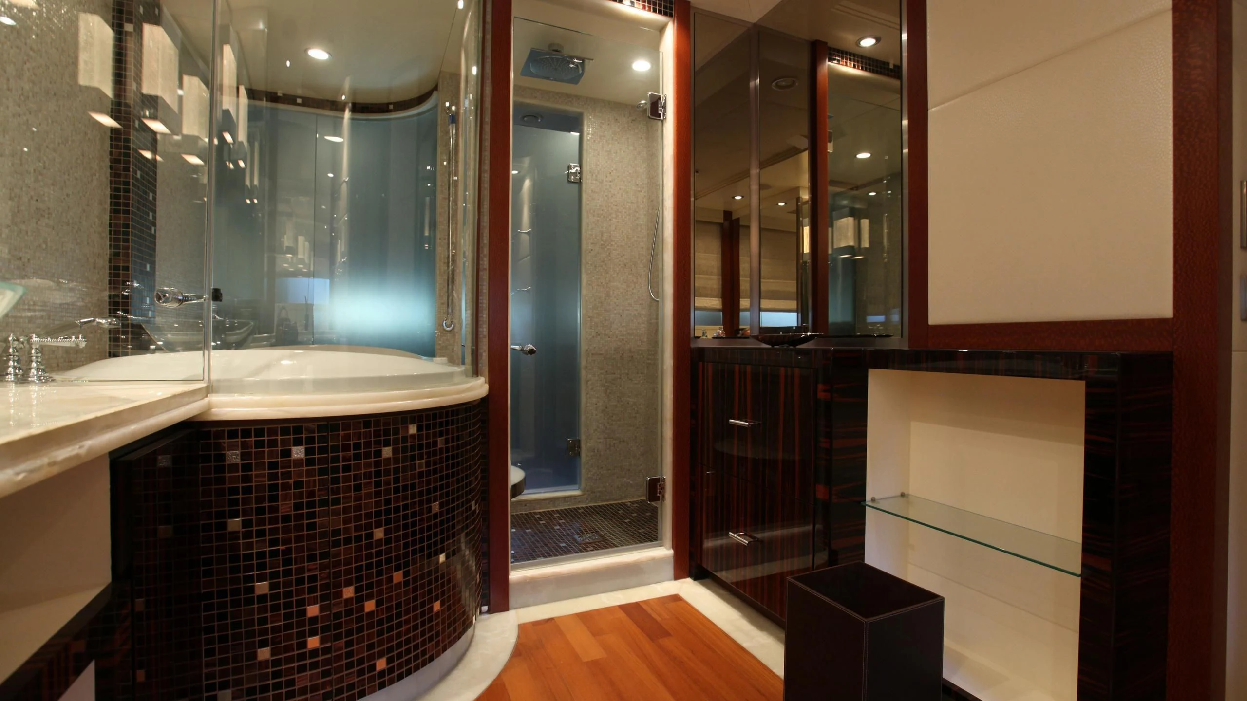a bathroom with a large mirror aboard AQUANOVA Yacht for Sale