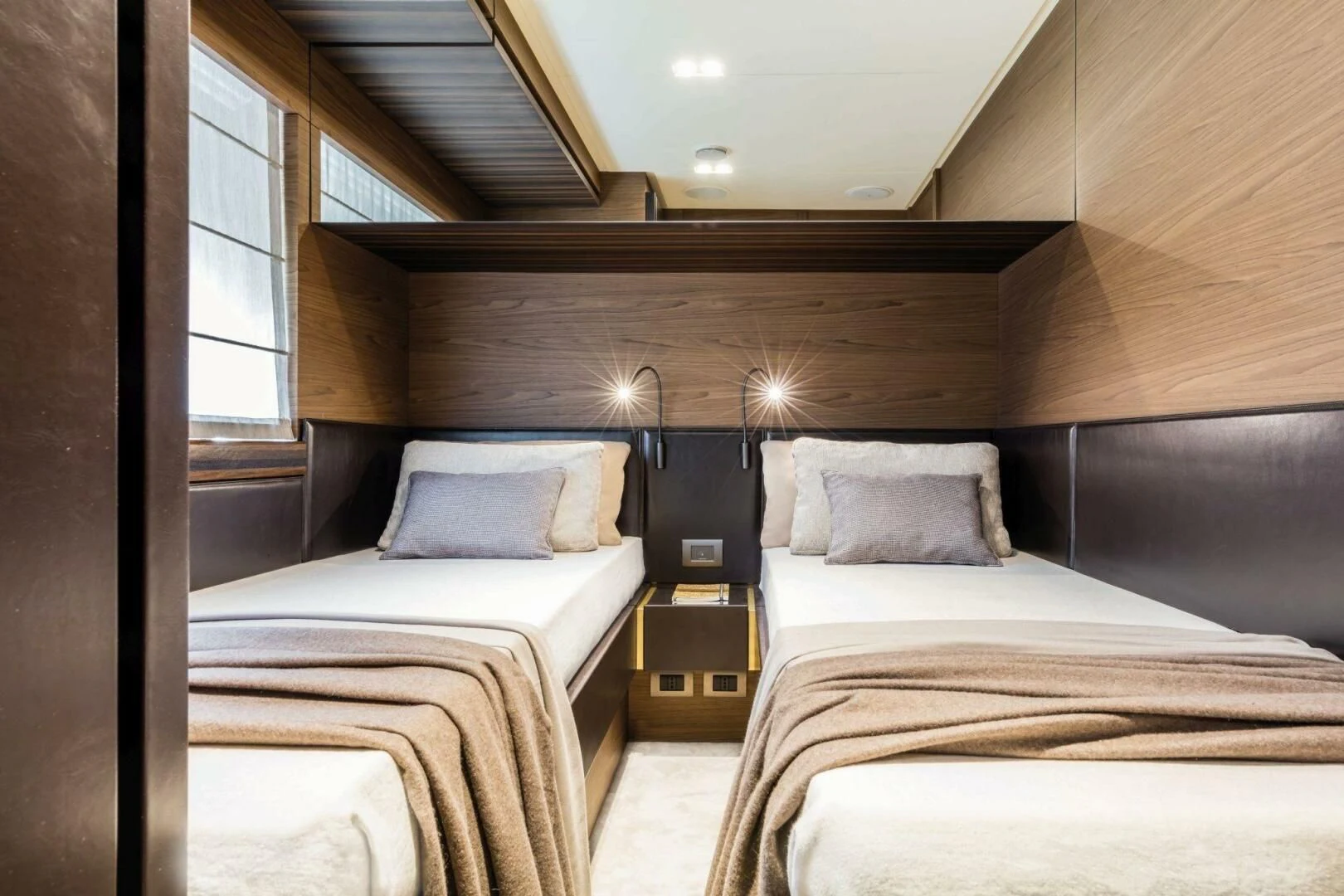 a room with two beds aboard OUR TRADE Yacht for Sale