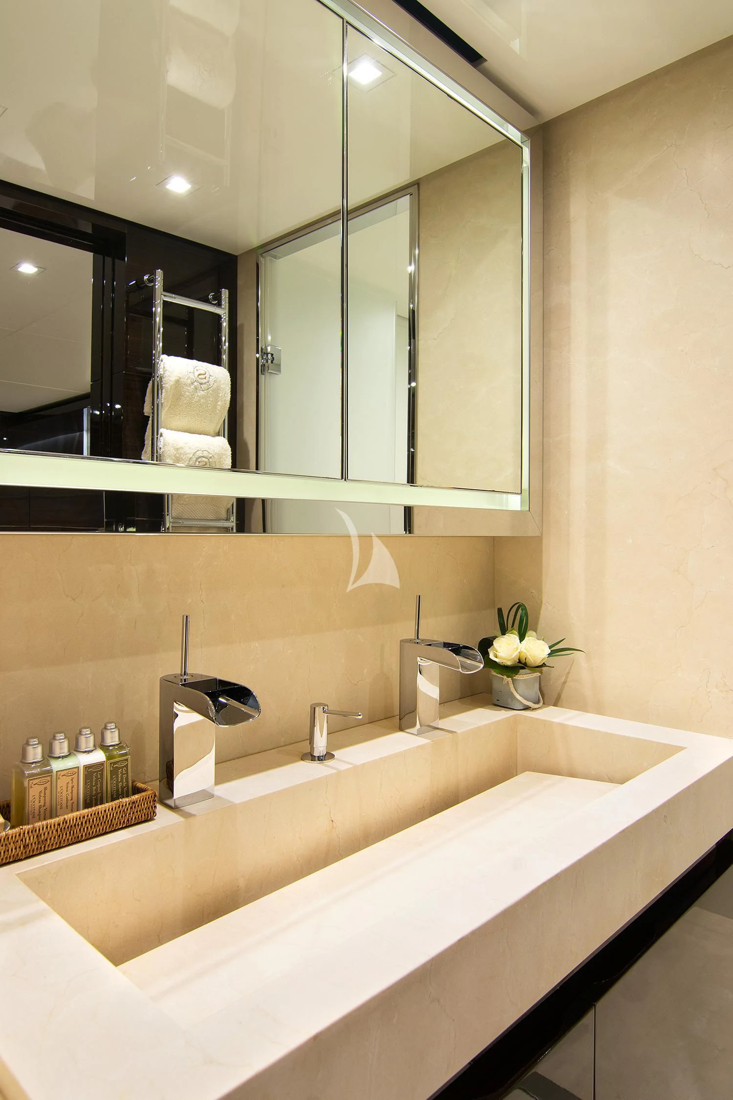 a bathroom with a large mirror aboard SOURAYA Yacht for Sale