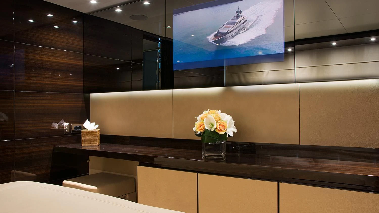 a large mirror behind a counter aboard SOURAYA Yacht for Sale