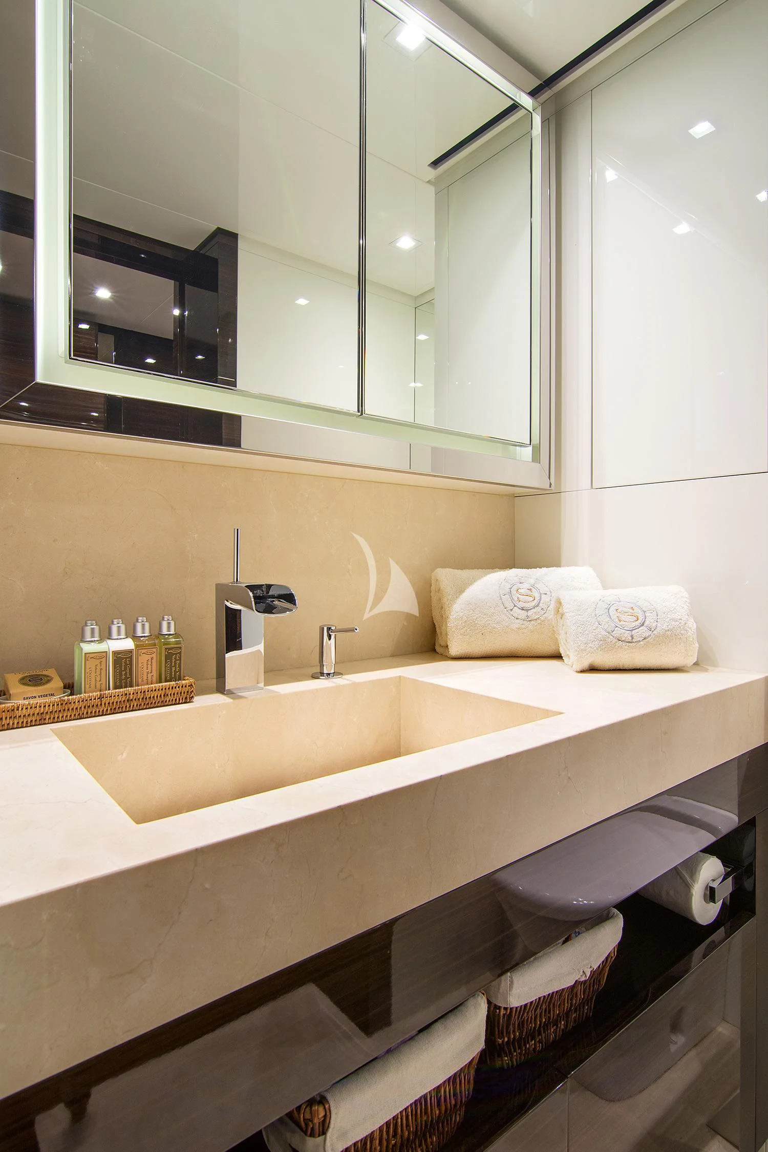 a bathroom with a large mirror aboard SOURAYA Yacht for Sale