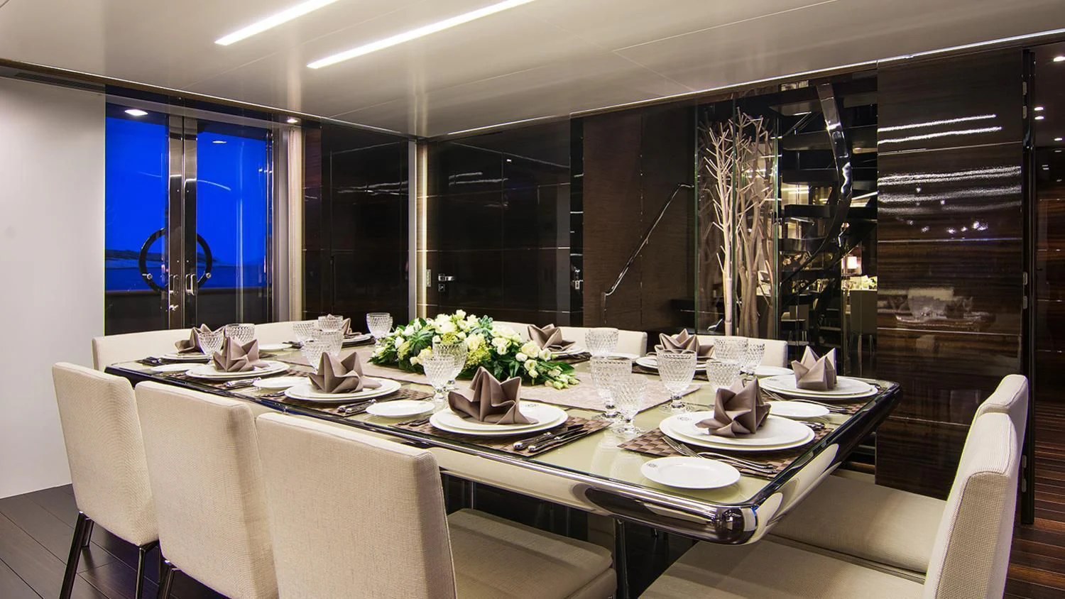 a table set for a dinner aboard SOURAYA Yacht for Sale