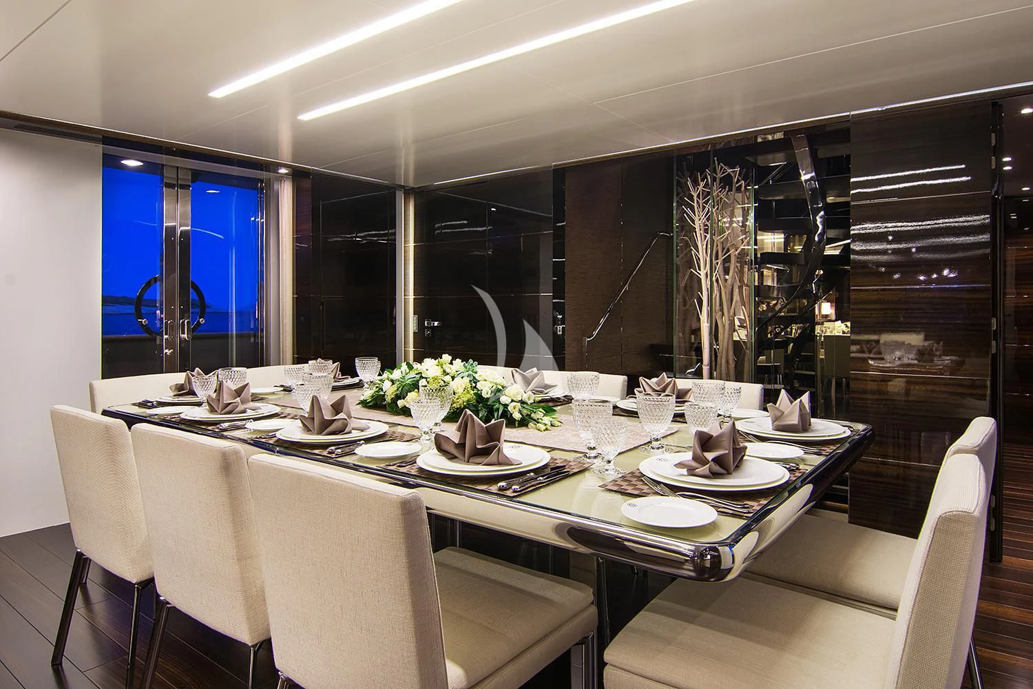 a table set for a dinner aboard SOURAYA Yacht for Sale