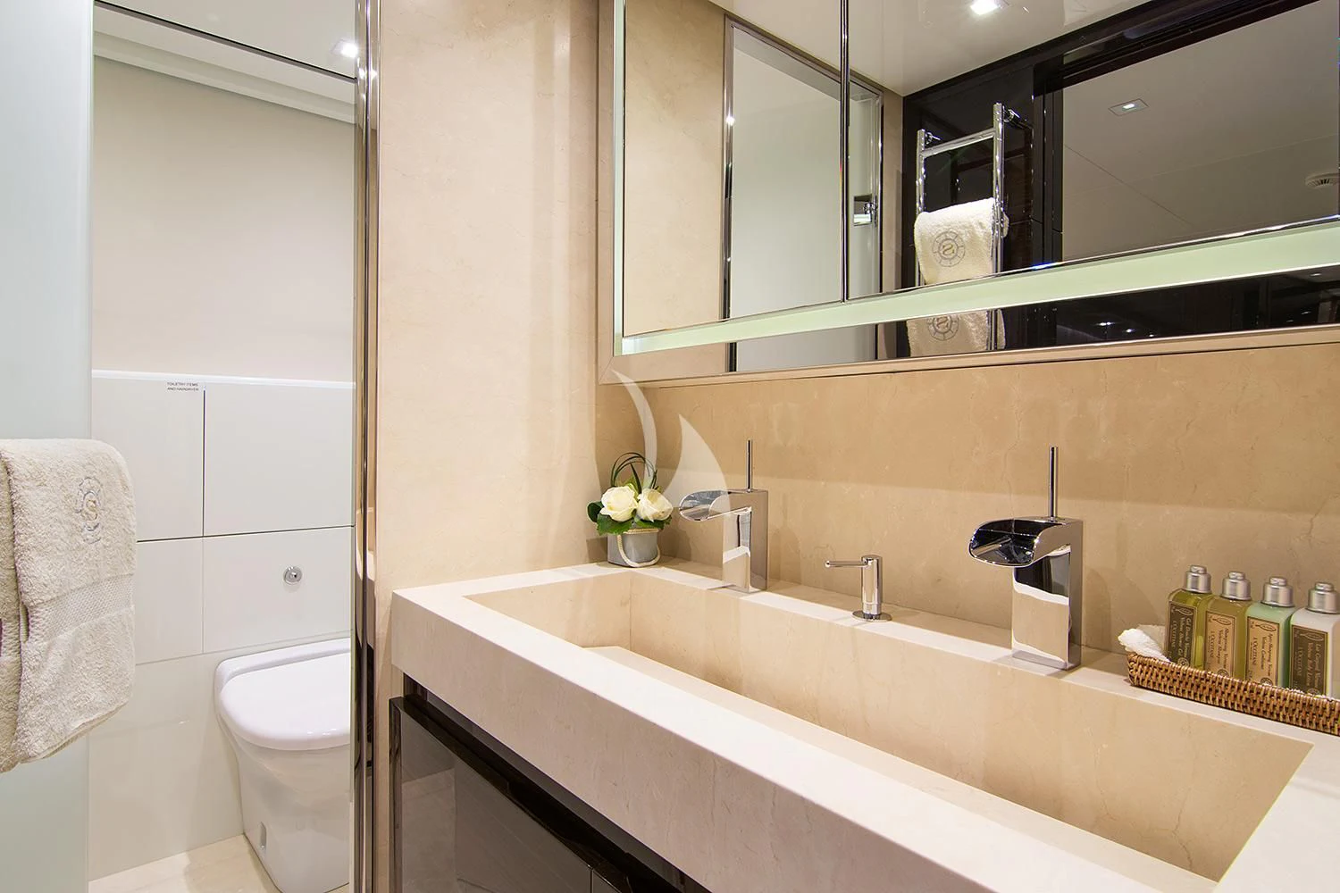 a bathroom with a sink and a mirror aboard SOURAYA Yacht for Sale