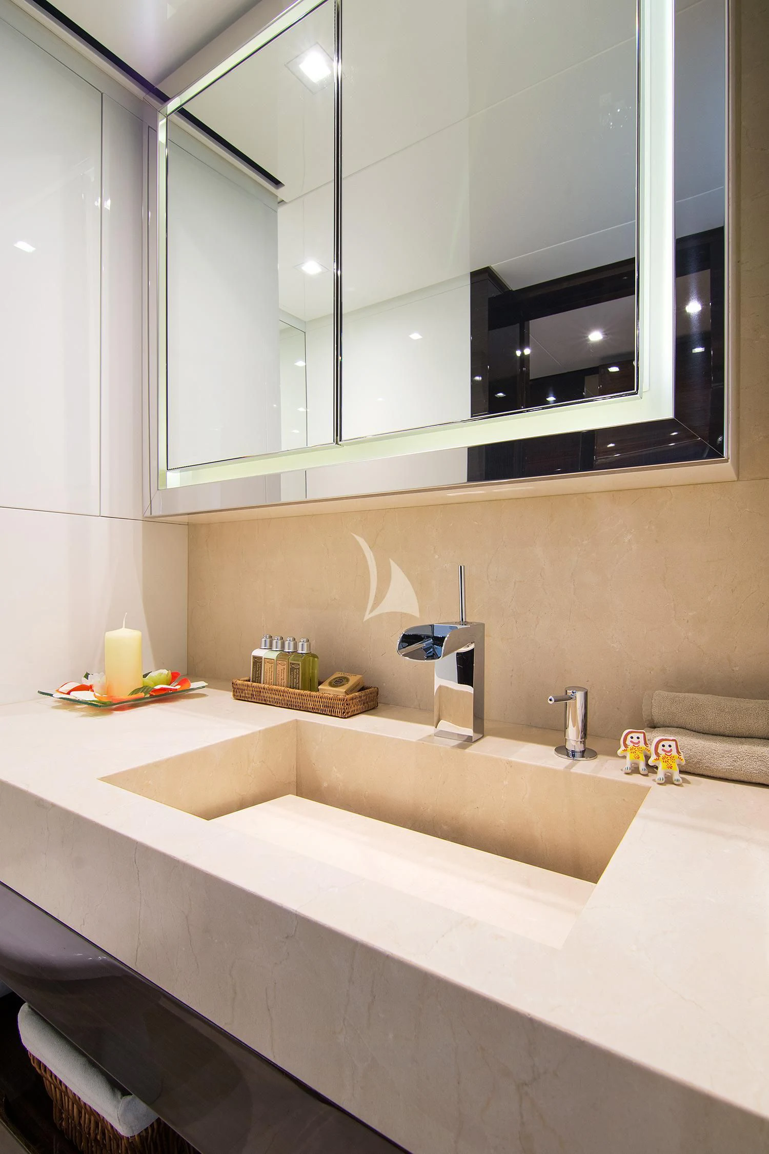 a bathroom with a large mirror aboard SOURAYA Yacht for Sale