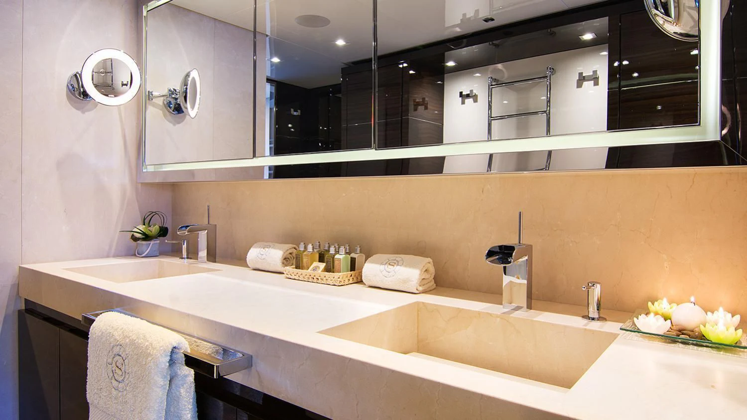 a bathroom with a large mirror aboard SOURAYA Yacht for Sale