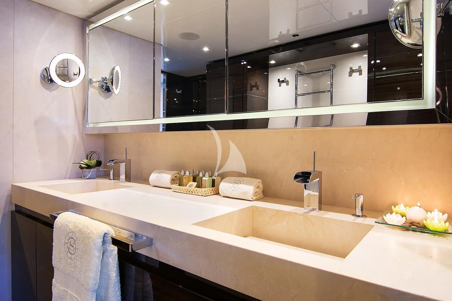 a bathroom with a large mirror aboard SOURAYA Yacht for Sale