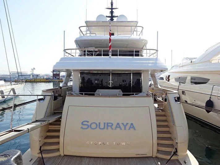 a boat with a sign on the front aboard SOURAYA Yacht for Sale