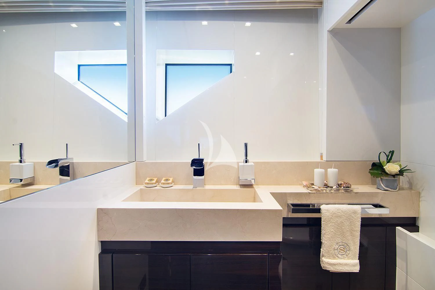 a bathroom with a large window aboard SOURAYA Yacht for Sale