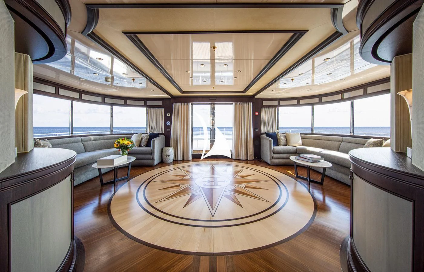 a living room with a large window aboard EMERALD (YET) Yacht for Sale