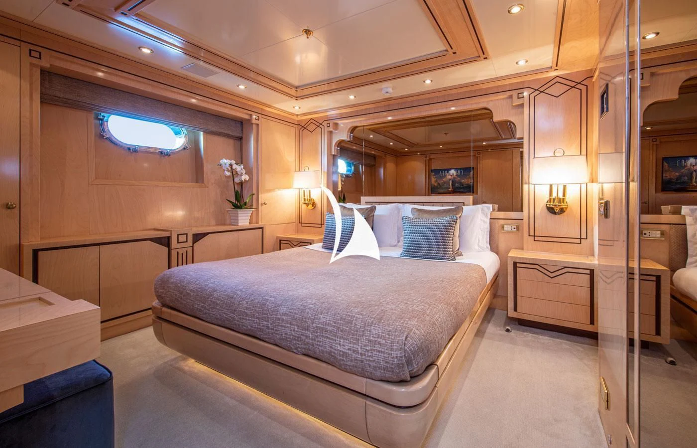 a bed in a room aboard EMERALD (YET) Yacht for Sale