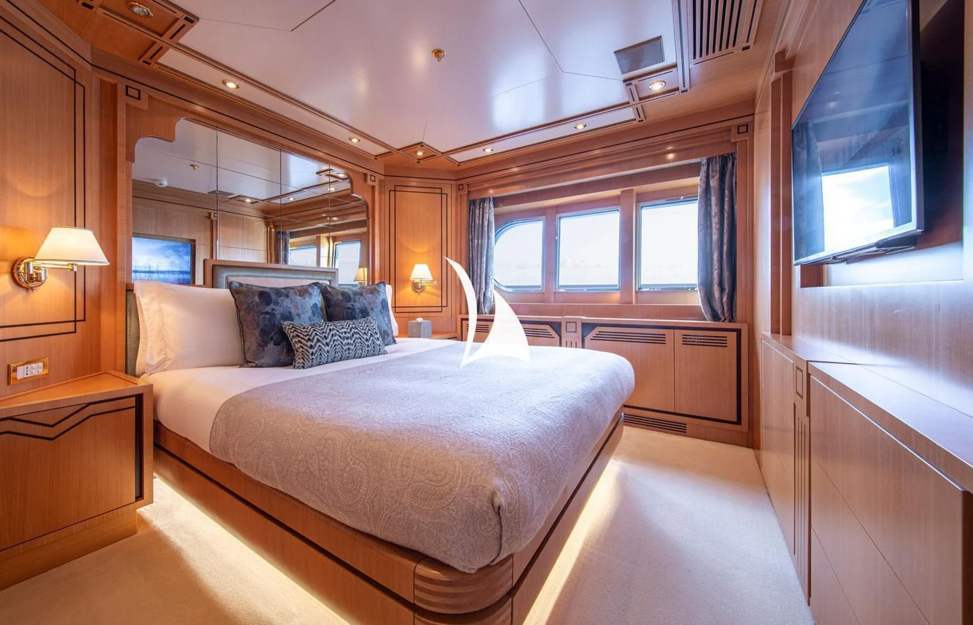 a bed in a room aboard EMERALD (YET) Yacht for Sale