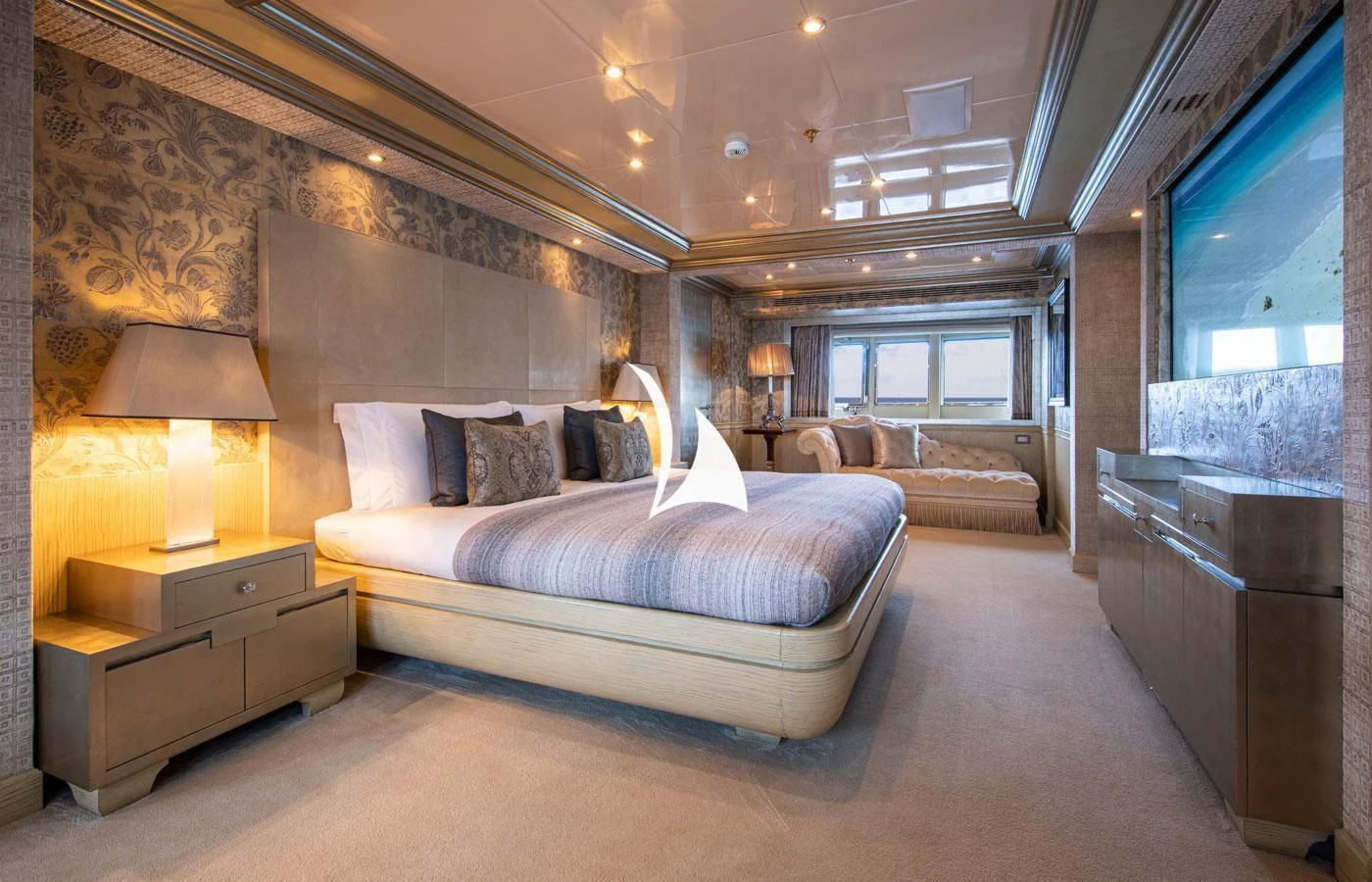 a large bedroom with a bed aboard EMERALD (YET) Yacht for Sale