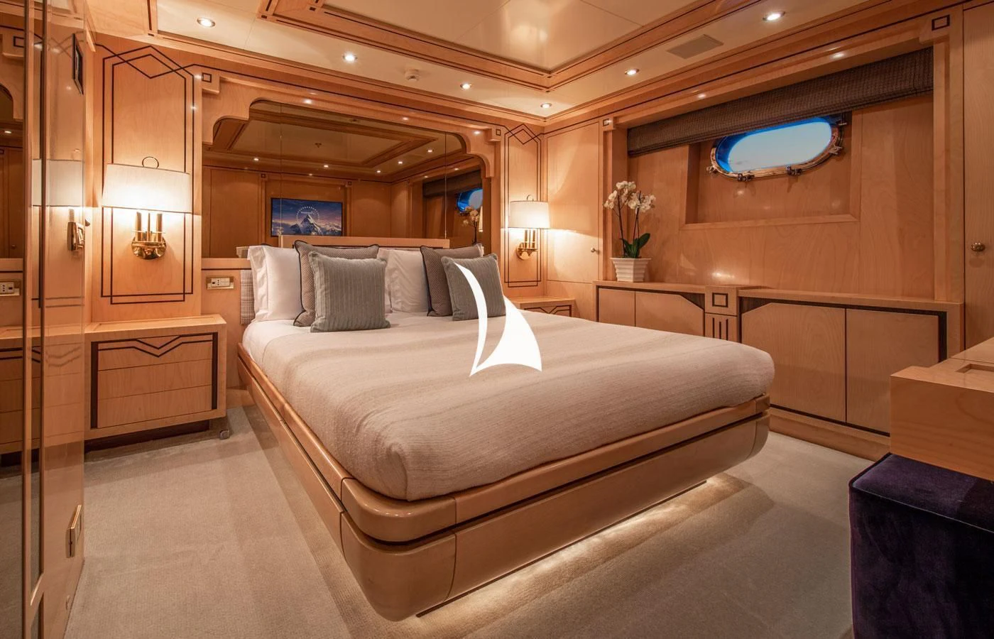 a large bed in a room aboard EMERALD (YET) Yacht for Sale