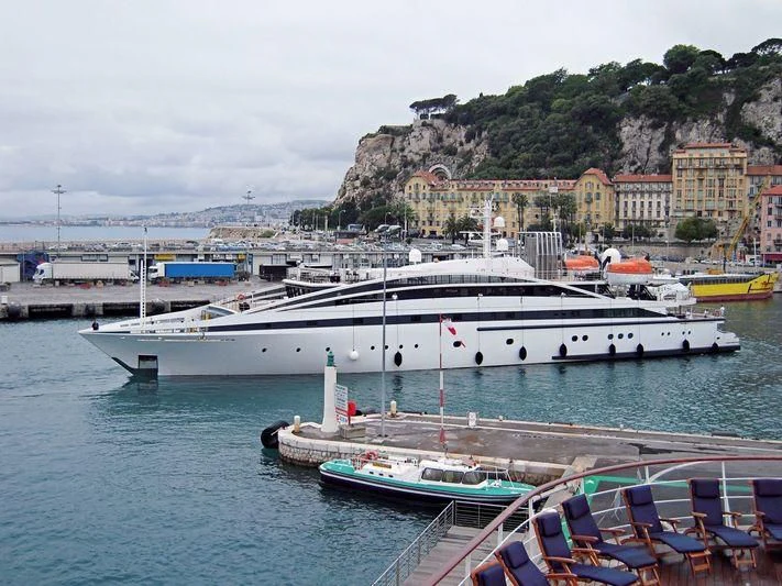 a large cruise ship docked aboard ELEGANT 007 Yacht for Sale