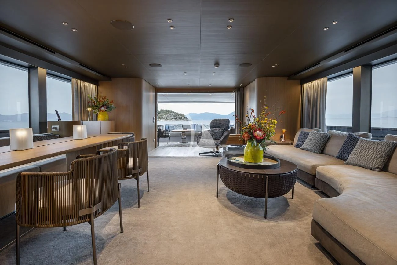 a living room with a large window aboard FATSA Yacht for Sale