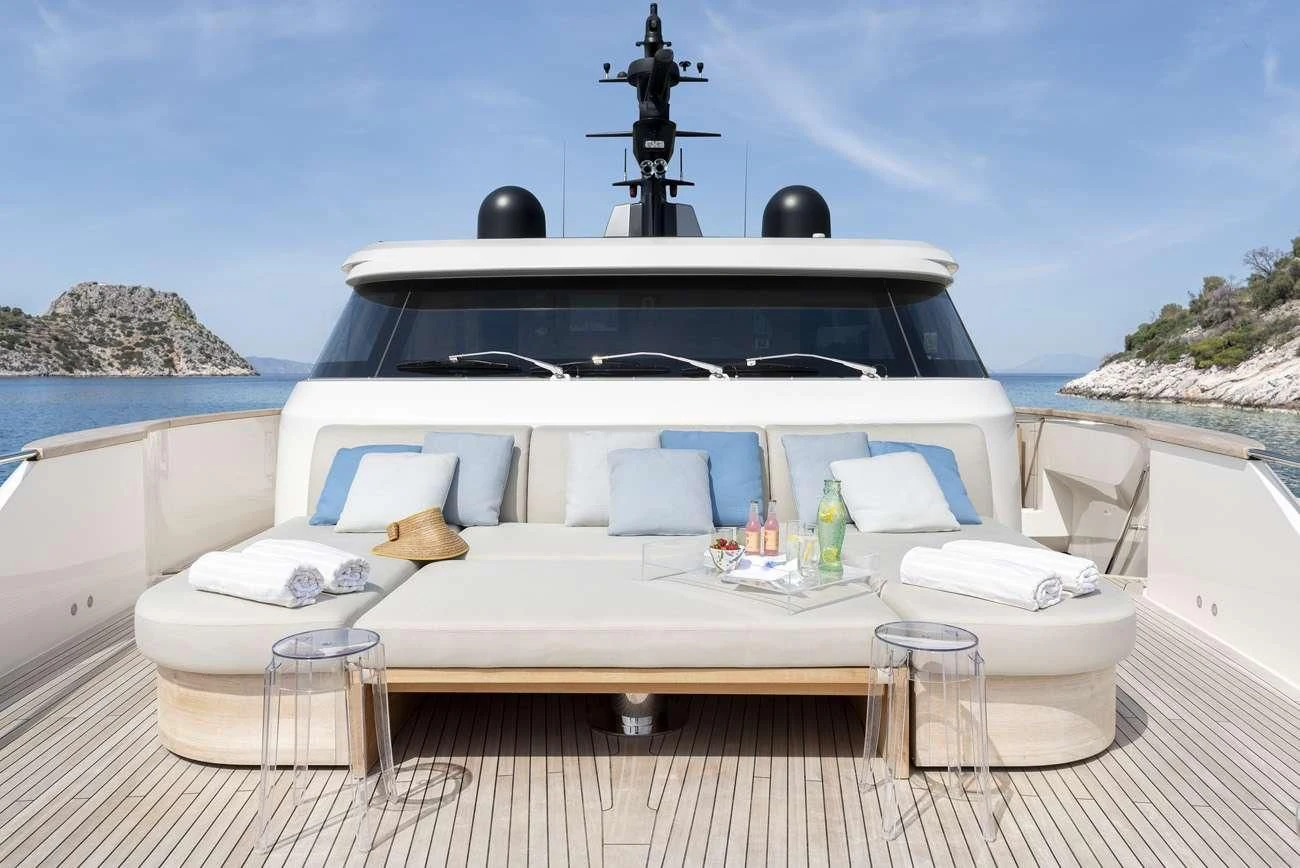 a white boat with a white canopy and a white tablecloth on it aboard FATSA Yacht for Sale