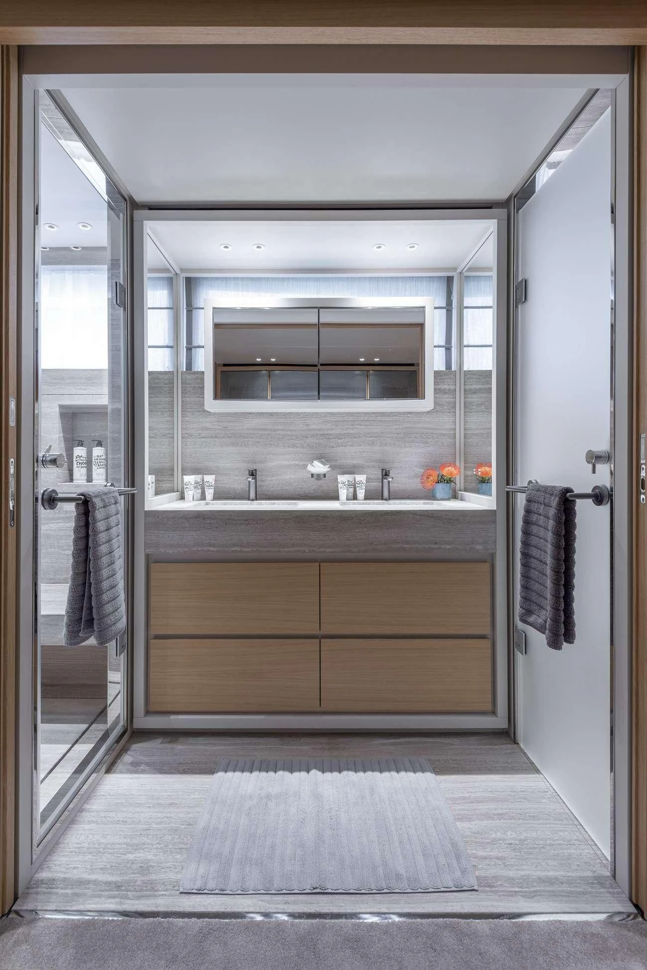 a bathroom with a large mirror aboard FATSA Yacht for Sale