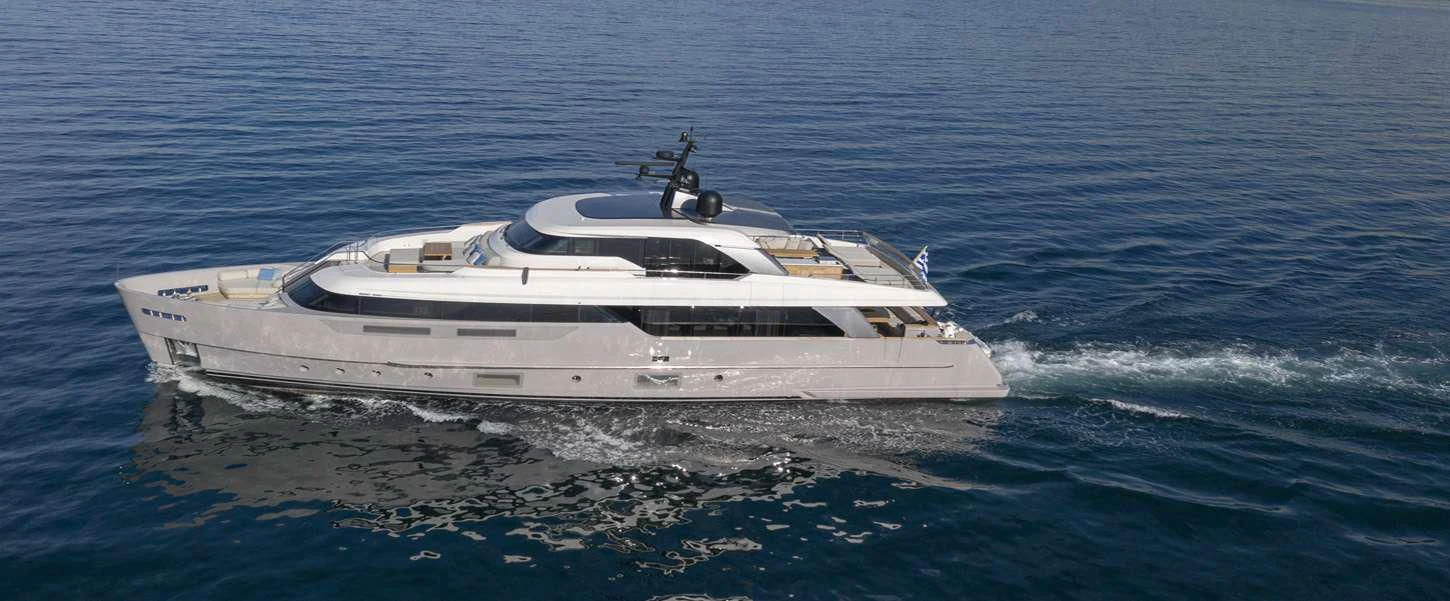 a white yacht in the ocean aboard FATSA Yacht for Sale