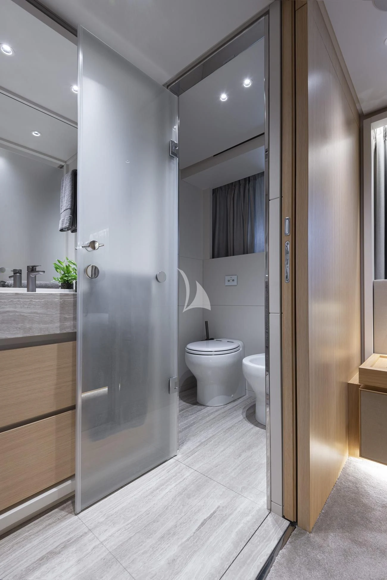 a bathroom with a glass shower aboard FATSA Yacht for Sale