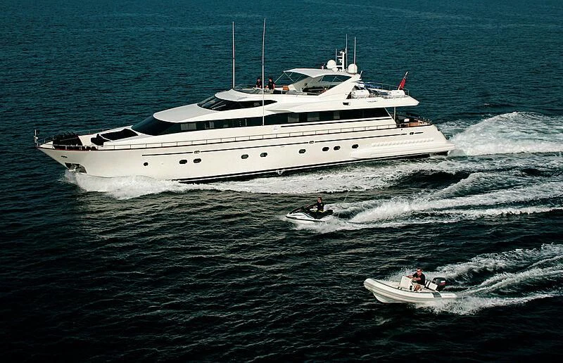 a large white boat with a couple of people in it aboard MONTE CARLO Yacht for Sale