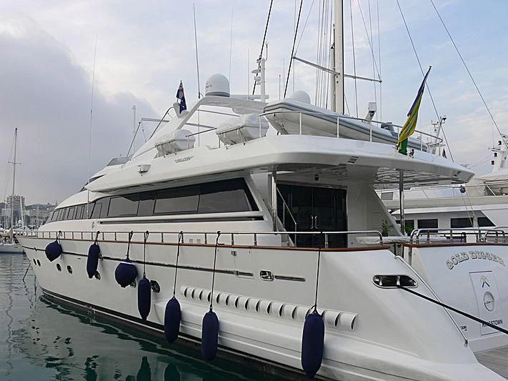 a white boat with blue ropes aboard MONTE CARLO Yacht for Sale