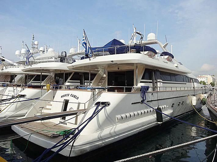 a white boat with blue stripes aboard MONTE CARLO Yacht for Sale
