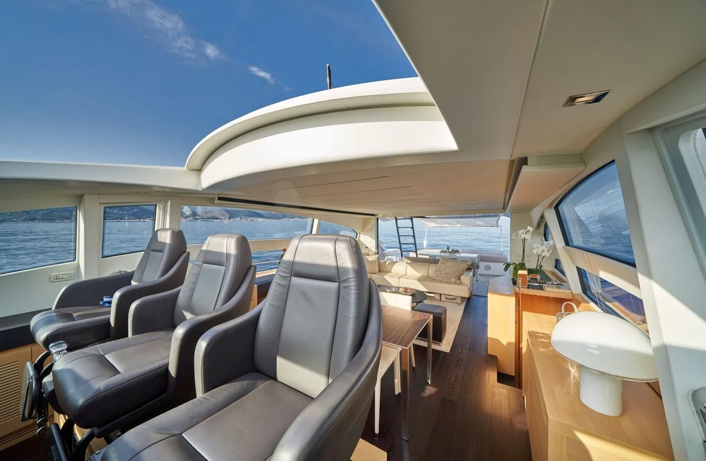 inside of a vehicle with a large white ceiling and a large white ceiling aboard HIT Yacht for Sale