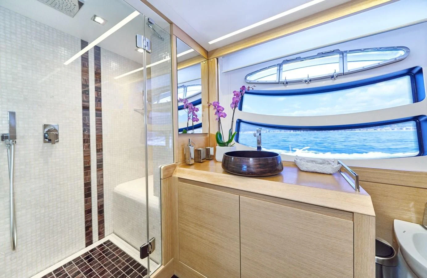 a bathroom with a shower aboard HIT Yacht for Sale