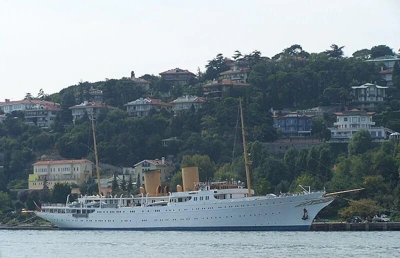 a large white boat in the water aboard SAVARONA Yacht for Sale