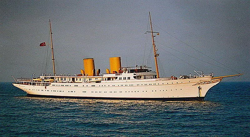 a large white boat in the water aboard SAVARONA Yacht for Sale