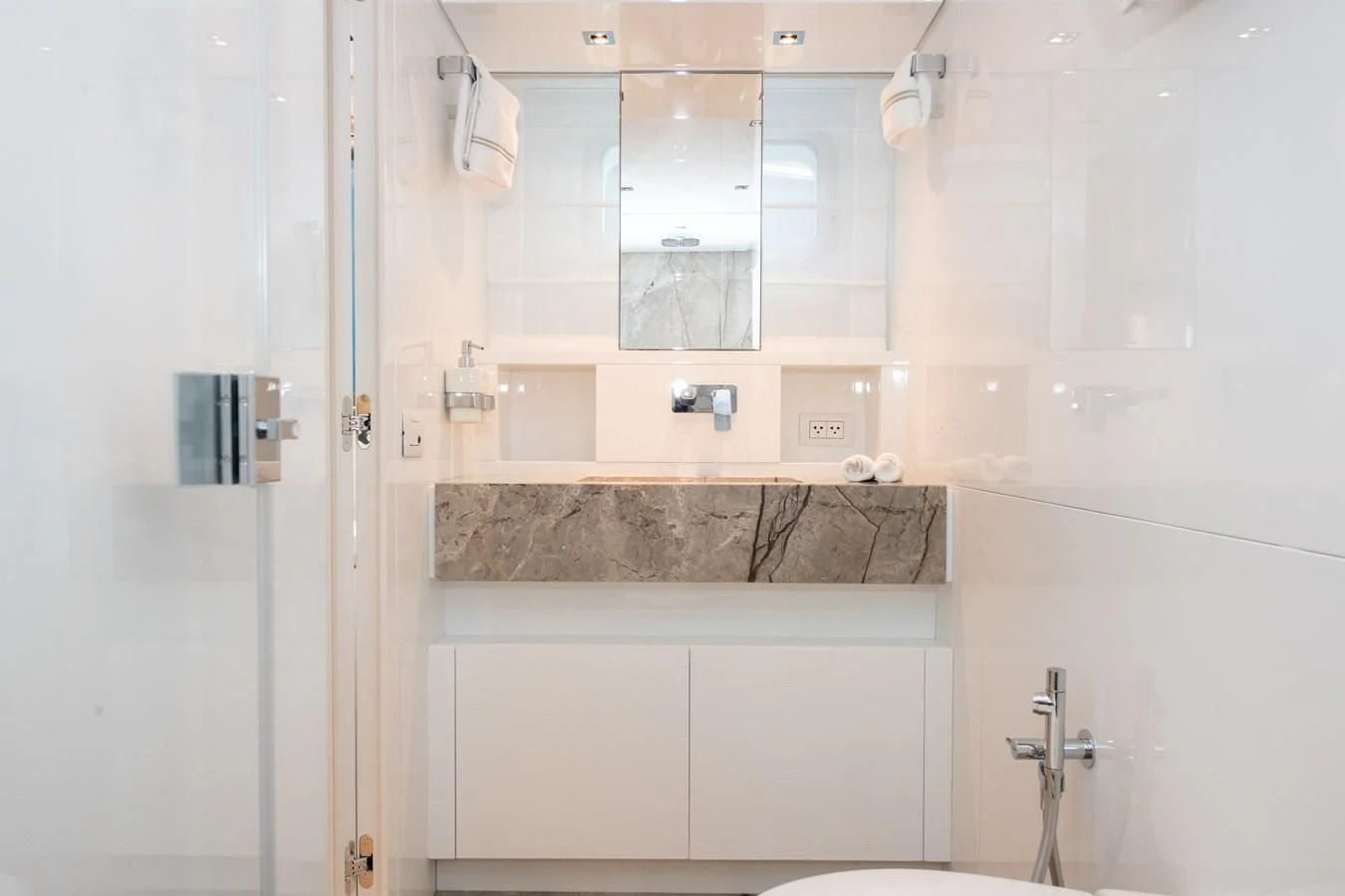 a bathroom with a countertop aboard MARAVI Yacht for Sale