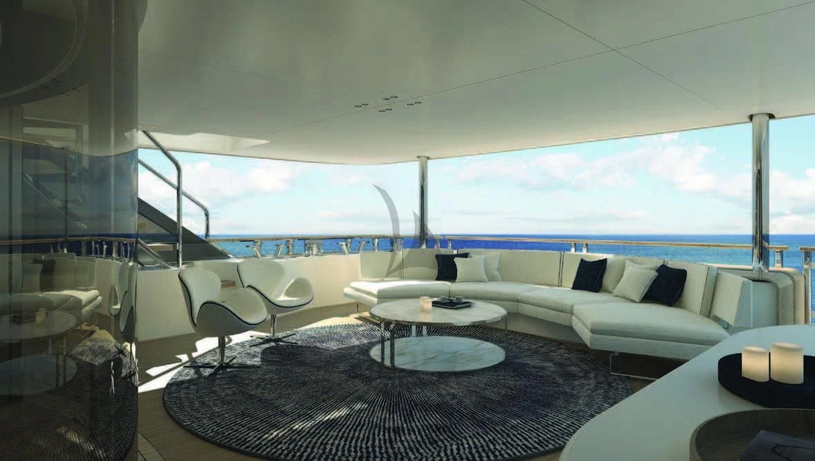 a living room with a large window aboard KOJU Yacht for Sale