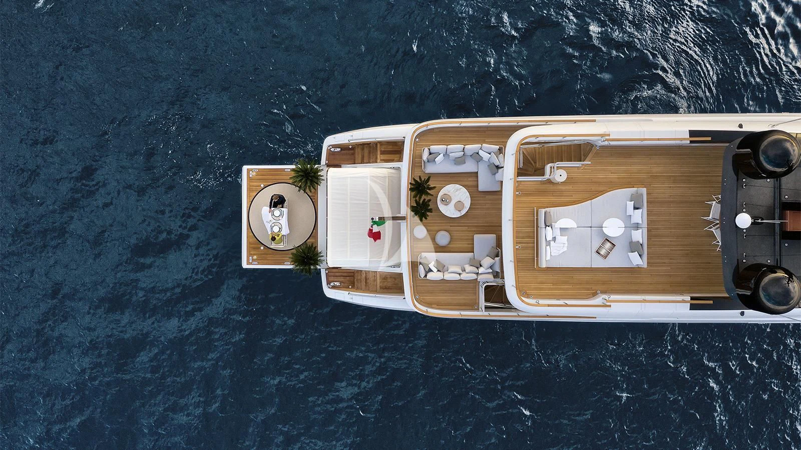 a wooden house with a deck and a car parked on the side aboard KOJU Yacht for Sale
