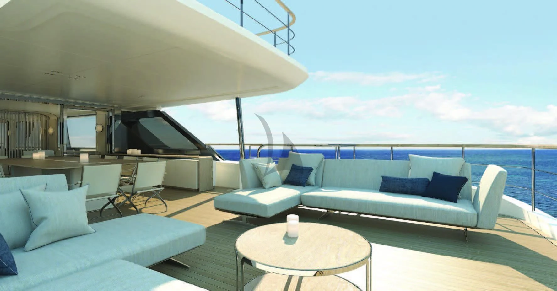 a large living room with a large balcony aboard KOJU Yacht for Sale