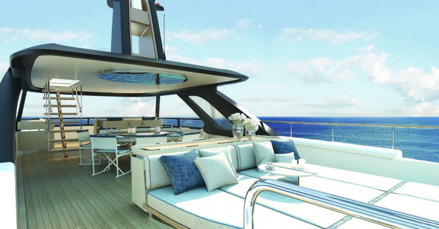 a large swimming pool with a deck and chairs aboard KOJU Yacht for Sale