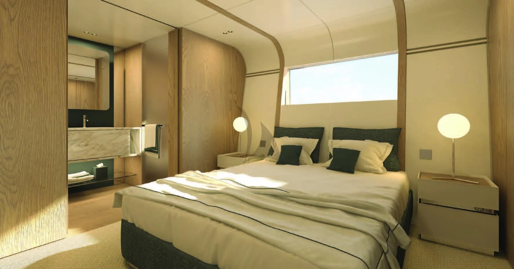 a hotel room with a bed aboard KOJU Yacht for Sale