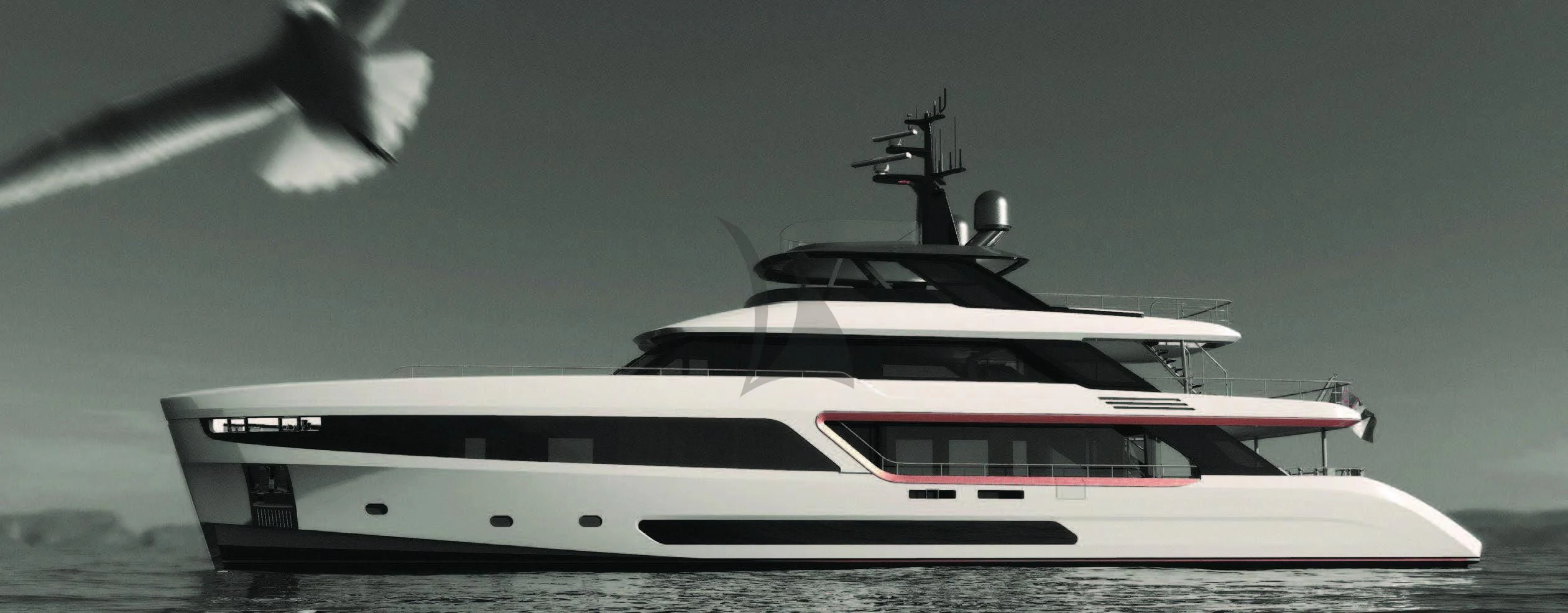 a white boat with a black background aboard KOJU Yacht for Sale