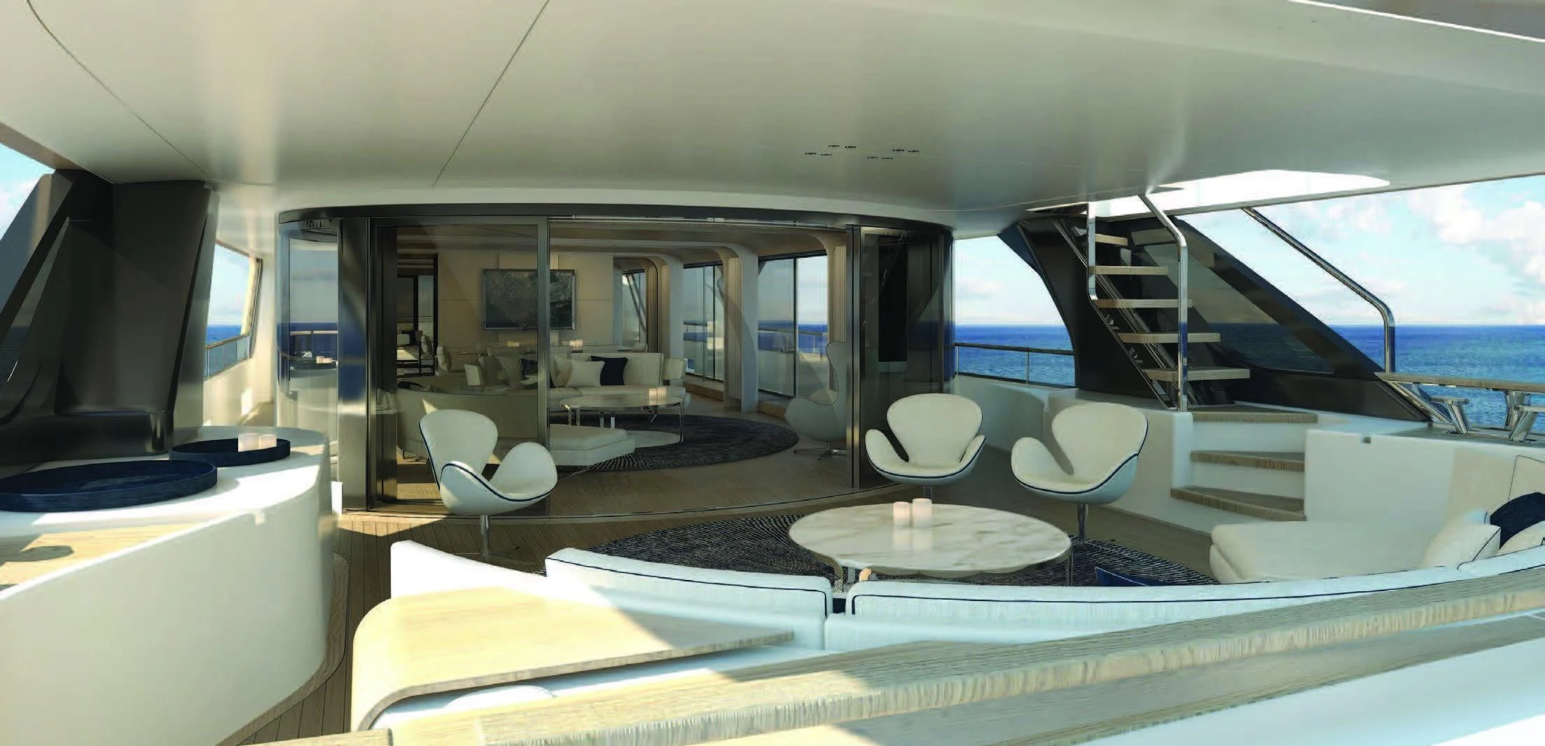a room with a view of the ocean and the deck aboard KOJU Yacht for Sale