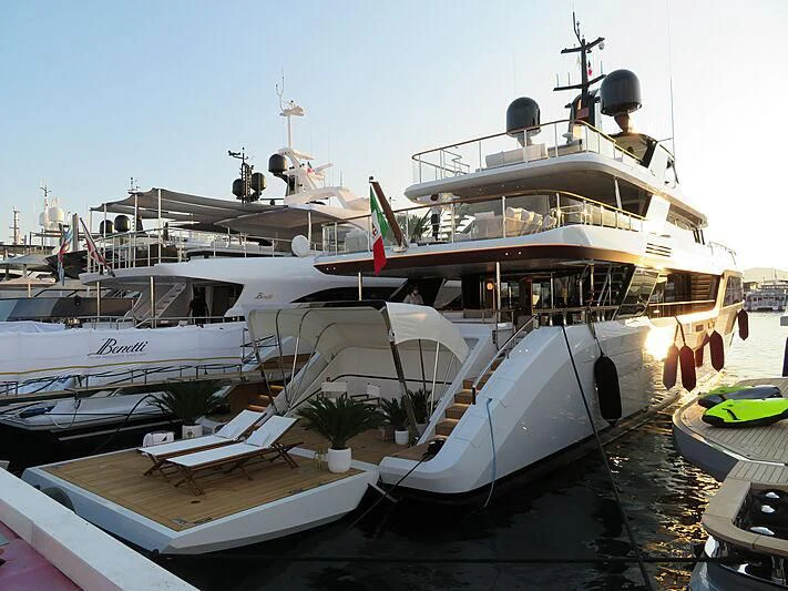 a group of boats are parked in a harbor aboard KOJU Yacht for Sale