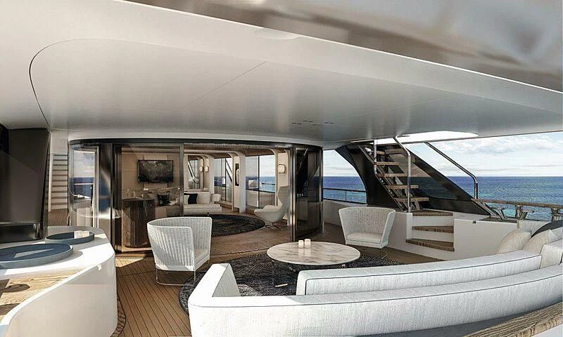 a living room with a large balcony aboard KOJU Yacht for Sale