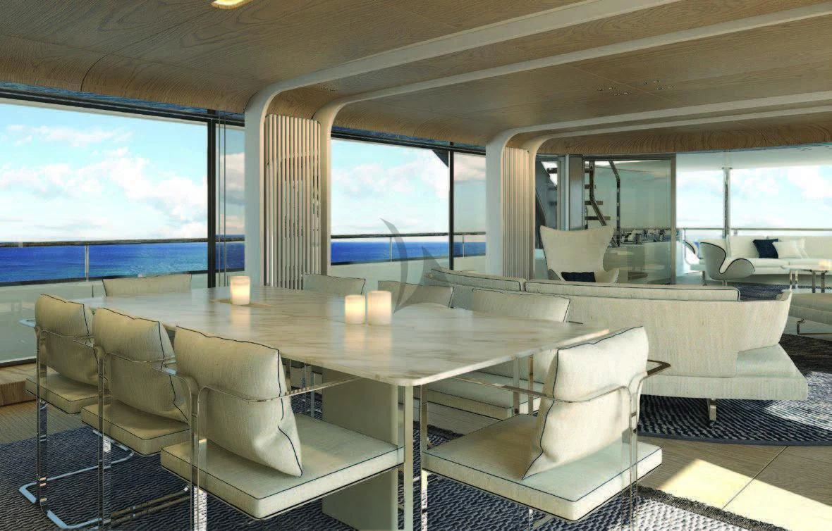 a room with a table chairs and a large window aboard KOJU Yacht for Sale